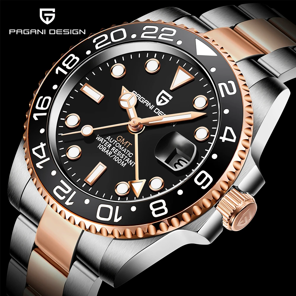 

PAGANI DESIGN New Men Mechanical Wristwatches Fashion Sapphire Glass Automatic Watches 100m Waterproof Stainless Steel GMT Watch