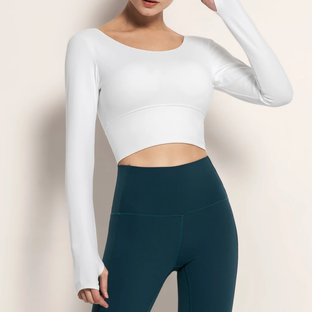 

Moonglade Yoga Tops With Chest Pads Tight-fitting Long-sleeve Exposed Navel T-shirt Woman Quick Dry Running Fitness Clothes
