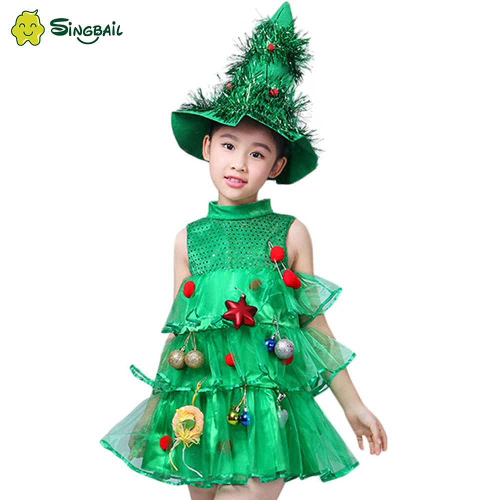 2020 Girls Kids Green Tree Hat Dress Halloween Costume Dresses Tops Party Outfits Costumes Purim Elf Cosplay Christmas New | Детская