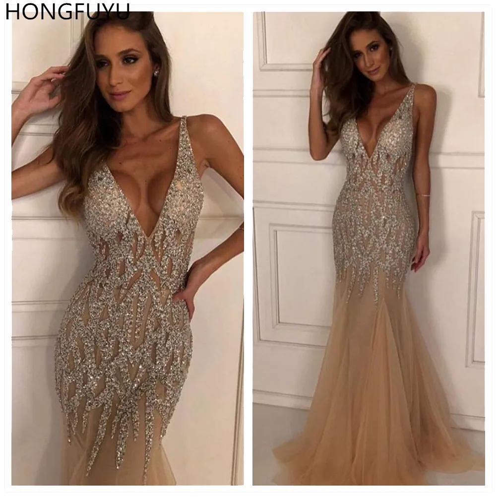 Вечернее платье-Русалка HONGFUYU из тюля с длинным V-образным вырезом без рукавов