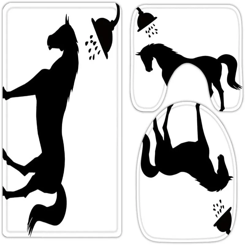 

Funny animal bathing horse 3-piece bathroom carpet, U-shaped cushion, non-slip goose down toilet seat, washable