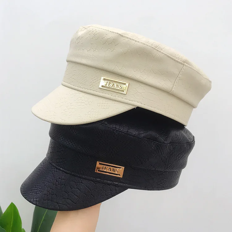 Leather Flat-Top Cap Women Fashion All-Matching Fashion Metal Label Military Hat Men  Street Fashion Retro Peaked Cap