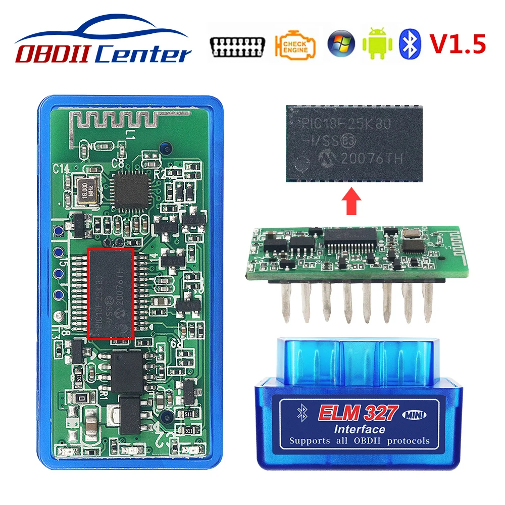 Заводская цена Elm327 Pic18f25k80 Bluetooth V1.5 OBD2 автомобильный сканер Elm 327 25k80 Obdii