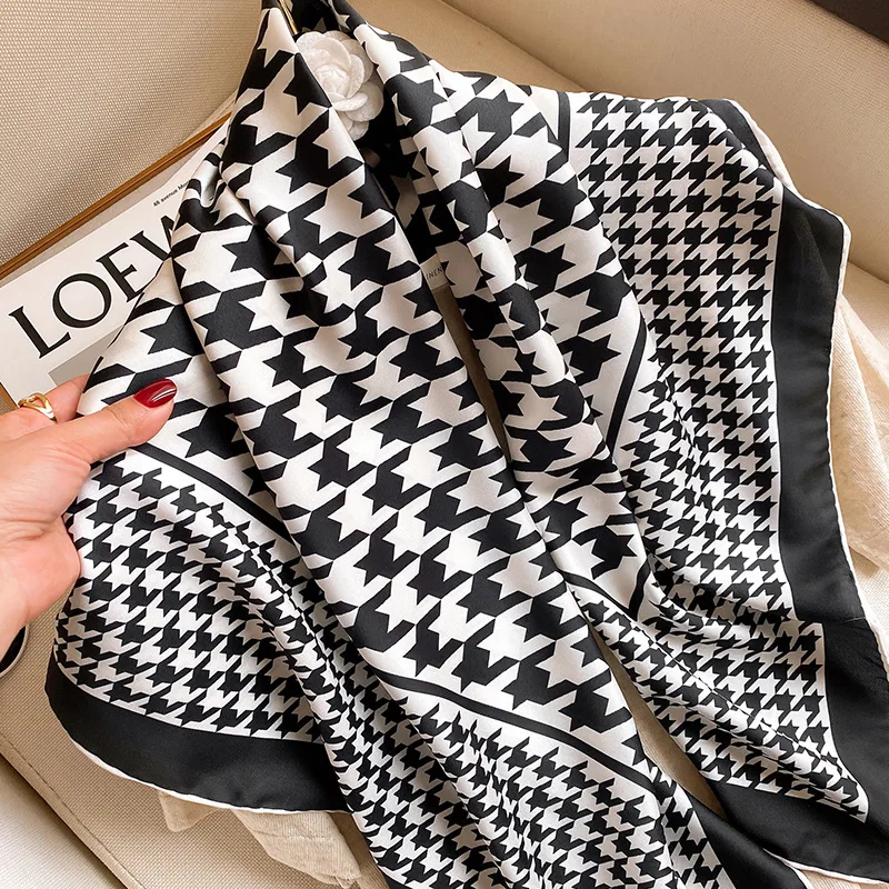 Квадратный шелковый шарф для женщин, шарфы на шею, хиджаб, фуляр, шаль, летние пашмины, клетчатые принты, платки, банданы.