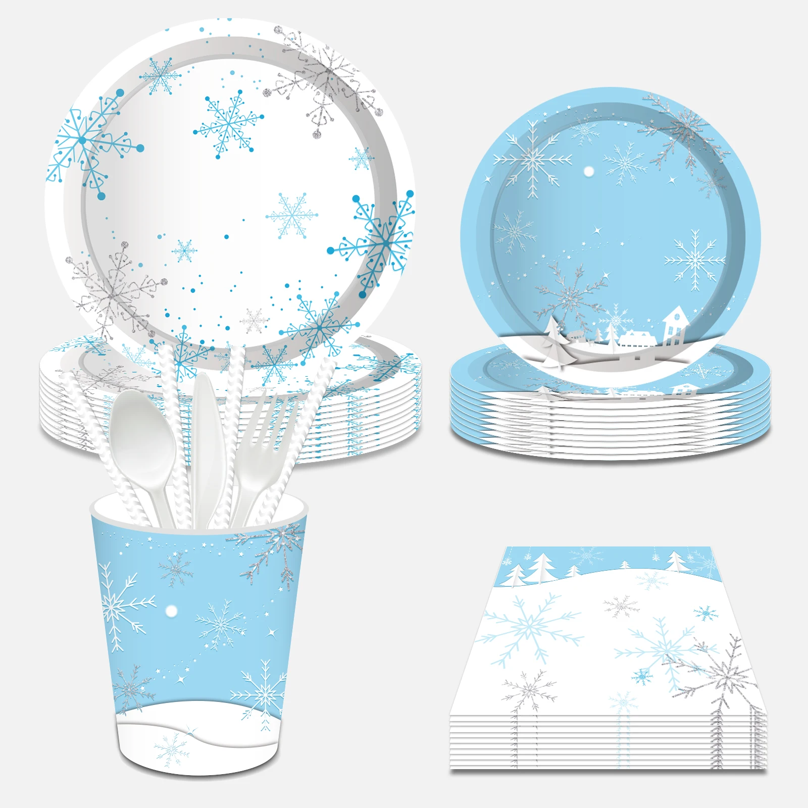 

Cold Snow Winter Snowflake Christmas Xmas Party Disposable Tableware Sets Paper Plates Cups Napkins Party Supplies Decorations