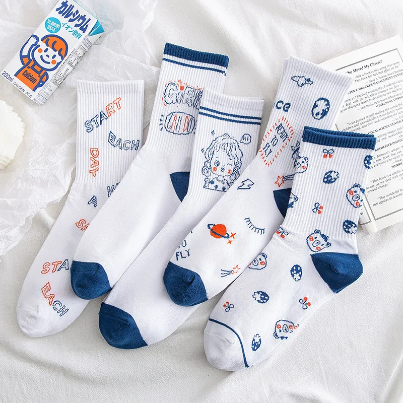 

Woman socks cute blue bear girl letter cartoon pattern kawaii Japanese and Korean style fashion trend college wind tube socks