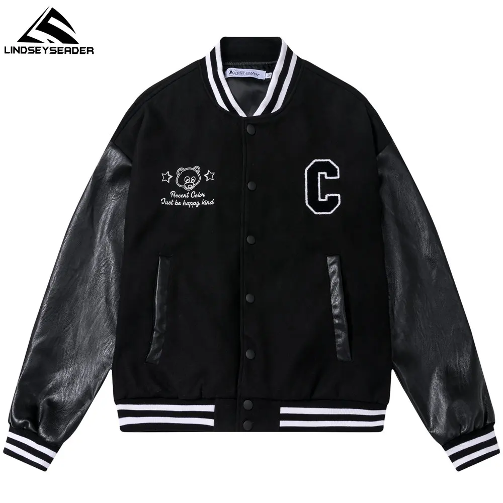 

Men's Jacket Embroidery PU Letters Single Breasted Streetwear Harajuku Baseball Jacket Autumn Cotton Windbreaker Coat Clothing