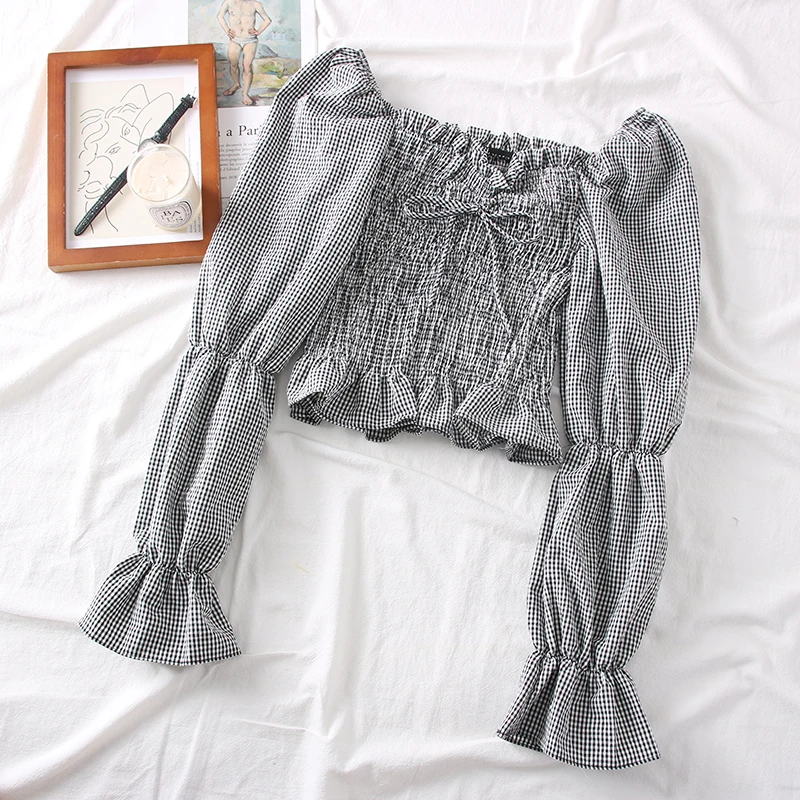 

Women Sweet Ruffles Blouse New Spring Summer Vintage Plaid Flare Sleeve Short Shirts Ladies Sexy Off Shoulder Crop Blouse