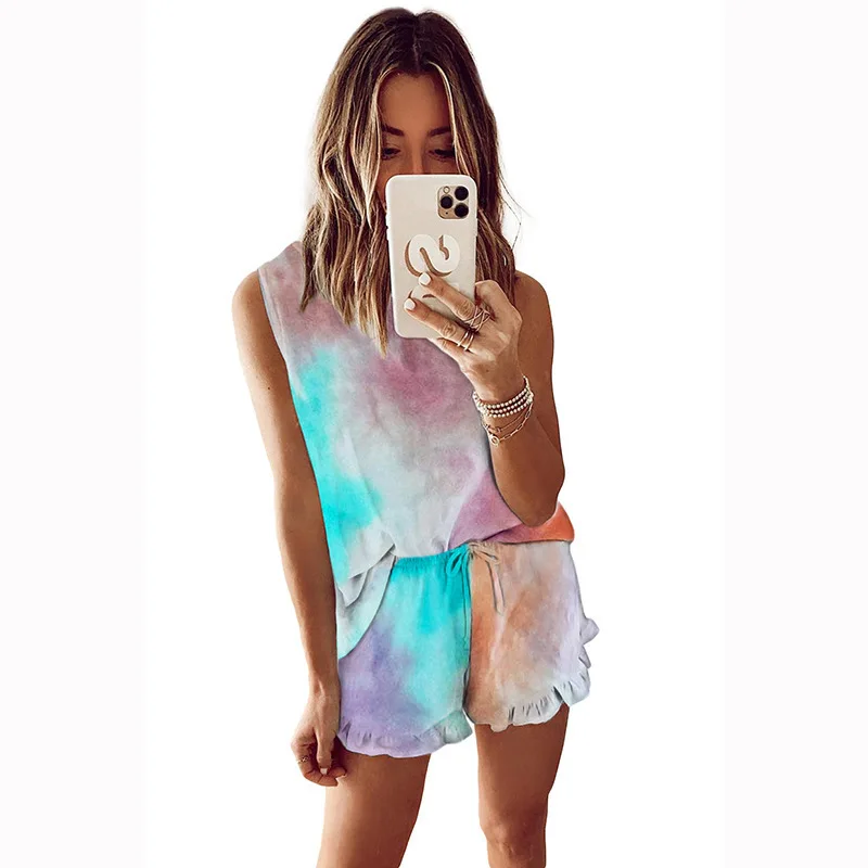 

Tie-Dye Pajamas Women Summer 2020 Comtable Casual Sleeveless round Neck Women's Home Set Two-Piece