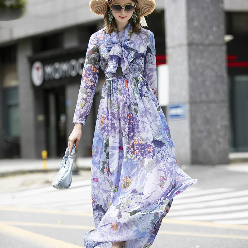 

Женское модельное платье макси, элегантное дизайнерское шифоновое длинное праздничное платье с длинным рукавом и цветочным принтом, одежд...