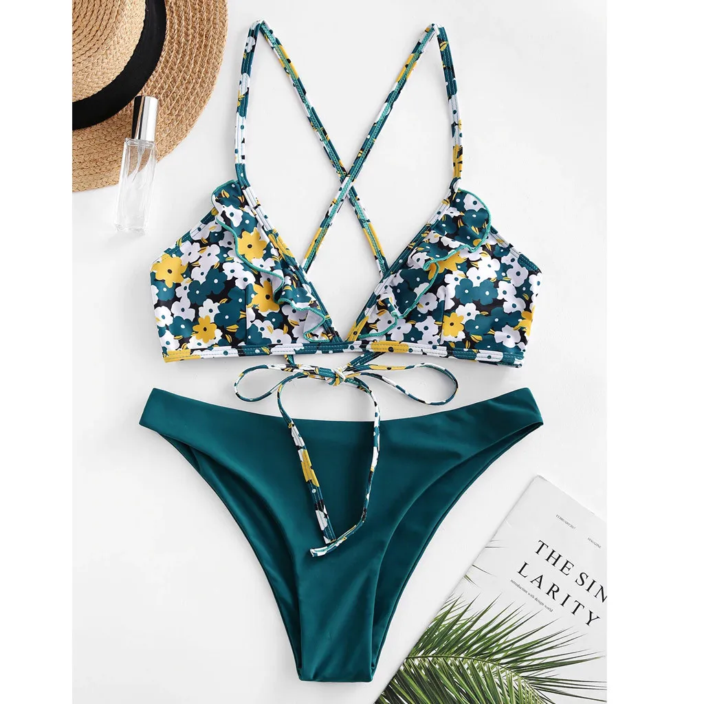 Женский купальник с принтом бикини оборками сексуальный высокой талией эффектом