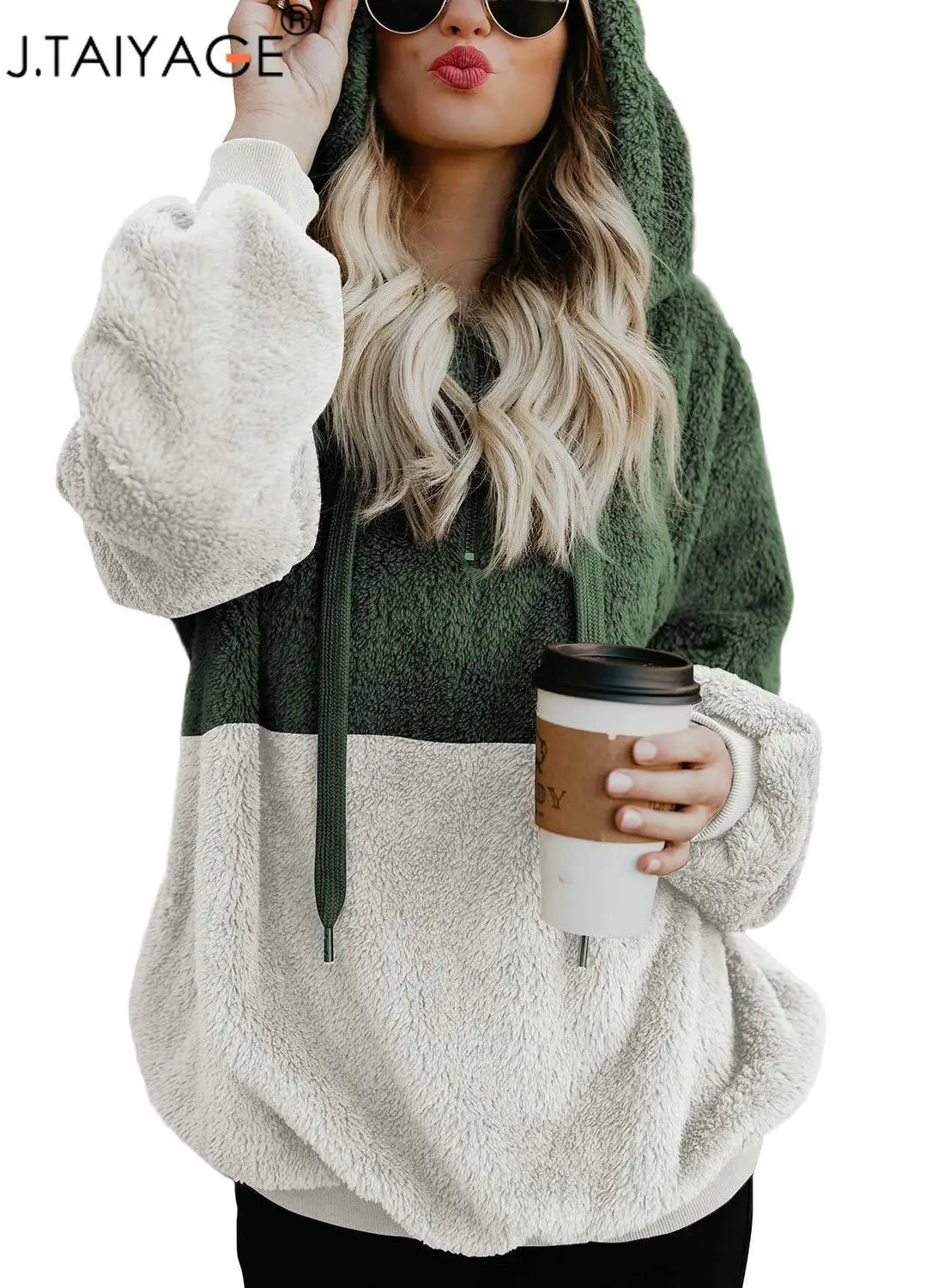 

J.TAIYAGE Warm Hoodies Fluffy Sweater Faux Fur Teddy Bear Coat Ladies Fashion Hooded Female Fuzzy Oversized Sweatshirt Female