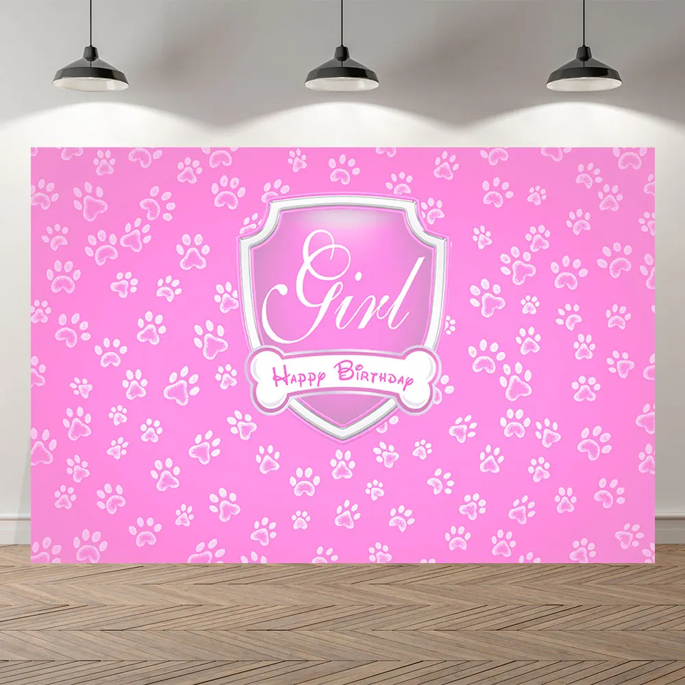 

Seekpro Pink Girl Happy Birthday Photocall Photo Backdrop Banner Dog's Paw Shield Bone Photography Studio Backgrounds Customize