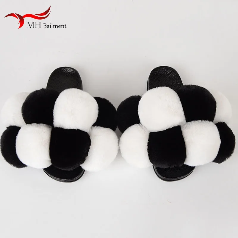 

Pom Summer wholesale female fluffy faux fox fur slippers ladies slides indoor and outdoor colorful plush slippers flat sandals