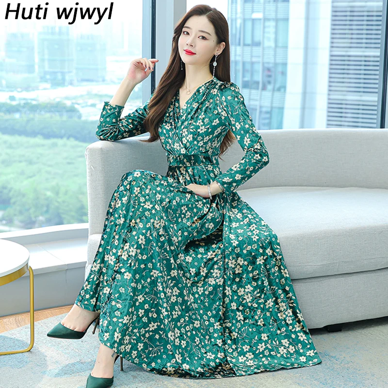 

2022 Elegant Bodycon Casual Dress Autumn Winter Acetate Satin Floral Bodycon Maxi Dress Women Vintage Office Lady Party Vestidos