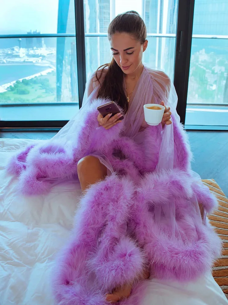 Marabou Robe Extra Puffy Feather Pajamas Long Tulle Illusion Sheer Fur Bridal Wedding Gift images - 6