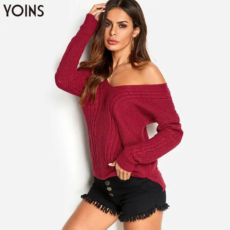 YOINS 2019 весна осень зима женские свитера джемпер перекрестный v-образный вырез