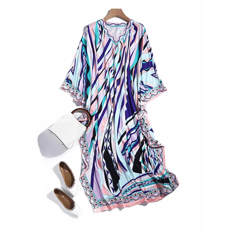 

Plus Size Summer Women's Knitting Striped 3D Printing Retro Elegant Loose Long Dress 2021New High Quality Fashion Pajama Robe XL