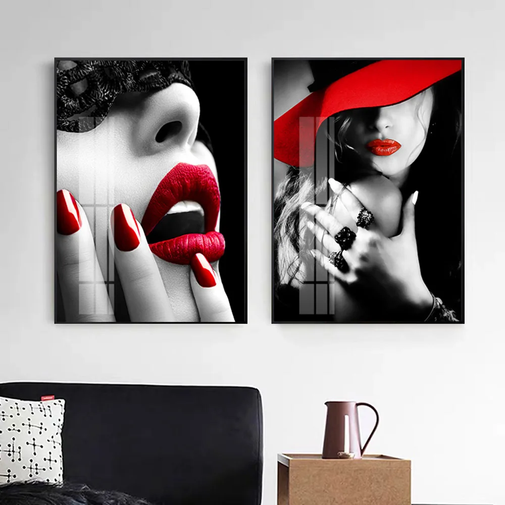 

Posters Prints Modern Fashion Women Red Lips Nail Wall Art Sexy Lady Masked Canvas Painting Nordic Wall Pictures For Home Decor