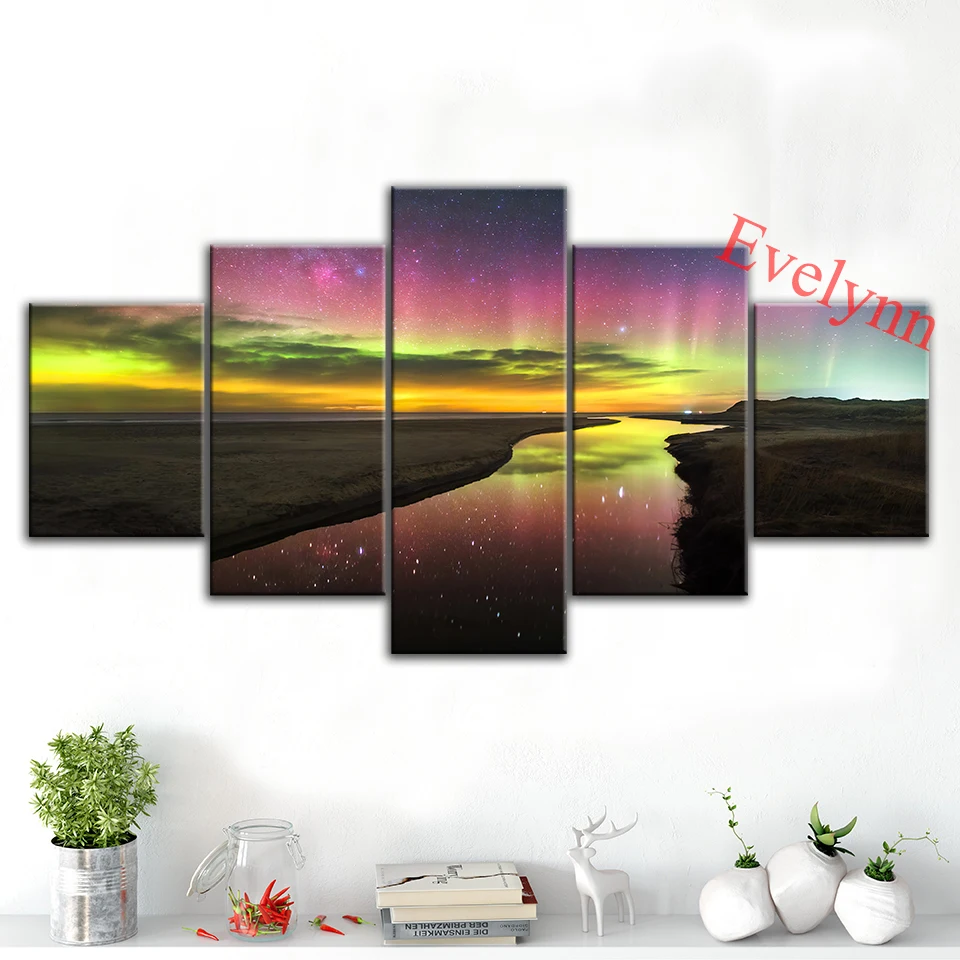 

Modern Canvas Modular Pictures Northern Lights Aurora Borealis River Scenery 5 Piece Poster Wall Art Print Decor Painting Frame