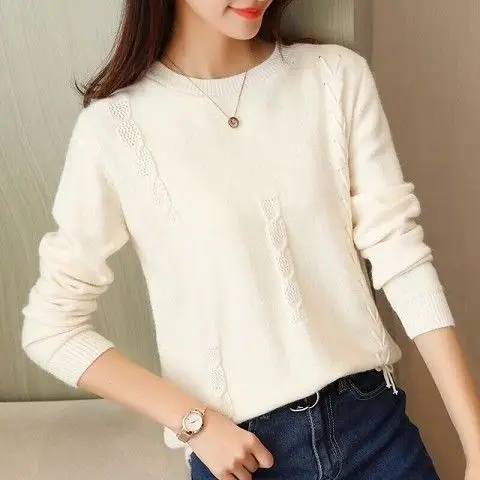 

Spring and Autumn New Korean-Style Loose O-neck Short Sweater Sweater Women's Bottoming Shirt Lace-up Top All-match Fashion