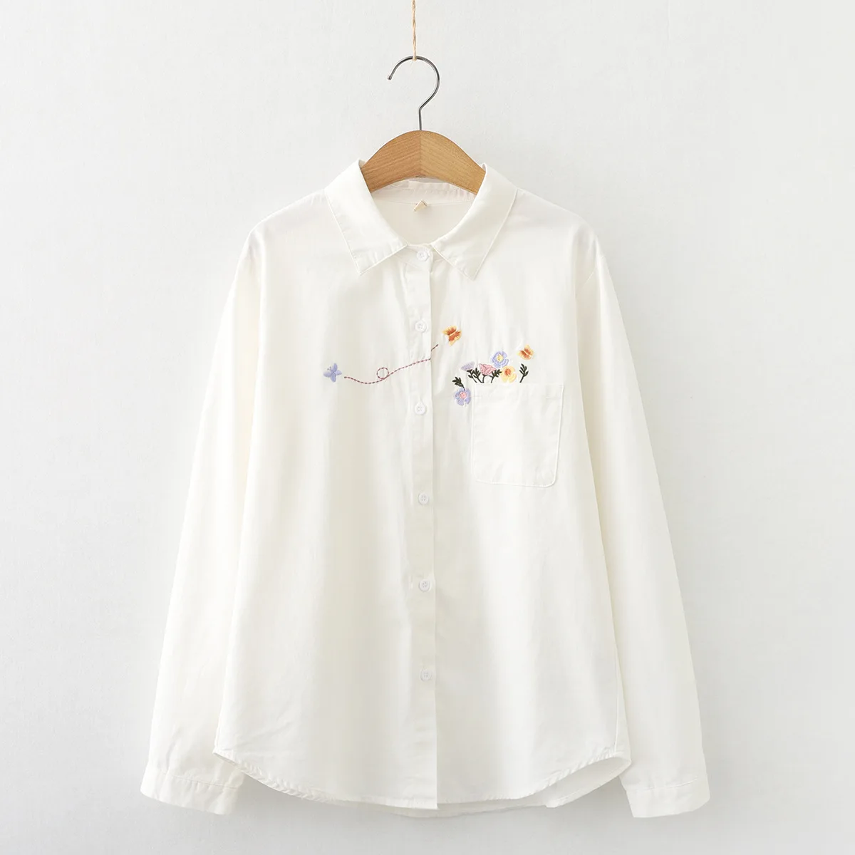 

Spring Preppy Style Cotton Shirts Women Casual Cute Lapel Collar Floral Embroidery Long Sleeve Literary Clothing Tops for Female