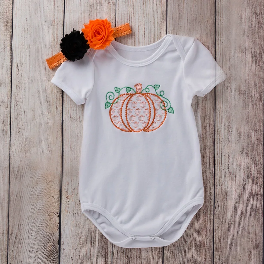 

Summer Fashion Baby Halloween Costume Bodysuit with Headwear Pumpkin Print Baby Jumpsuit Clothes Outfit Holiday Infant Kids Wear