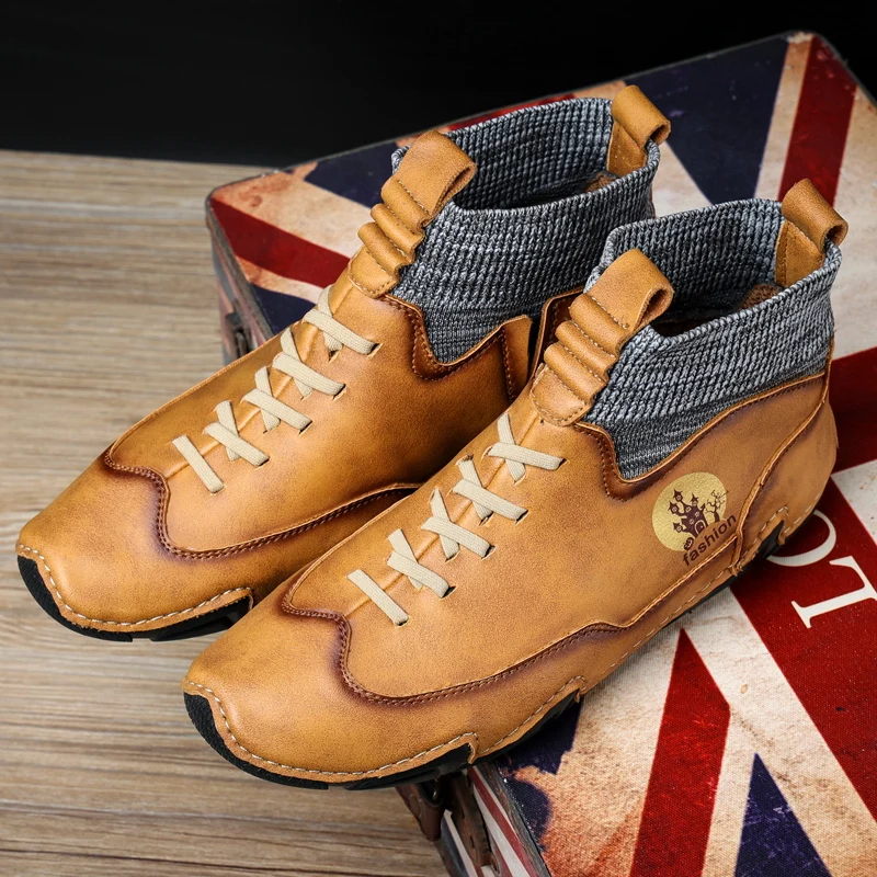 

Men's Leather High-Top Shoes Fashion Leather Splicing Slip-On Shoes Classic Socks Mouth Casual Shoes Outdoor Flat Men Shoes