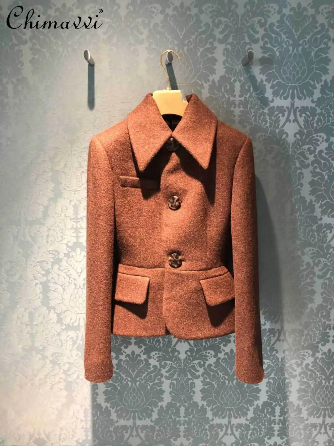 

New Camel Brown Woolen Coat 2021 Autumn Winter Women's Single Breasted Elegant Jacket Female Waist Tight Vintage Short Coat
