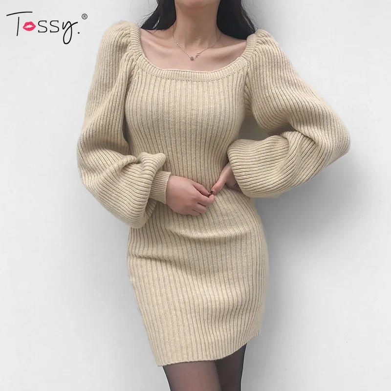 

Tossy Knitted Long Sleeve Sweater Dress Women's Solid Casual Autumn Winter Dress Chic Korean Lady Ribbed Bodycon Vestidos 2022