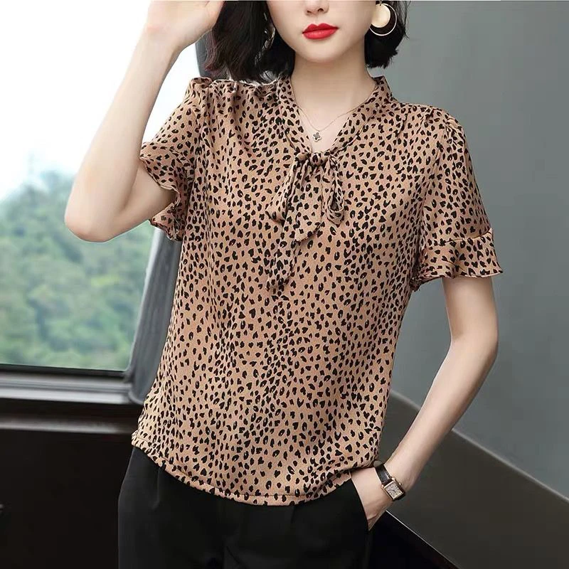 

Women Spring Summer Style Chiffon Blouses Shirts Lady Casual Short Sleeve Leopard Printed Bow Tie Chiffon Blusas Tops ZZ0228