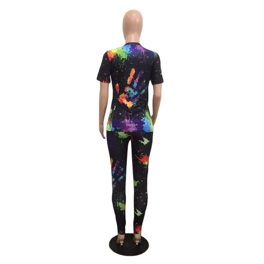 

European fashion printed casual sports suit loose o-neck short sleeve T-shirt and trousers women's two-piece set