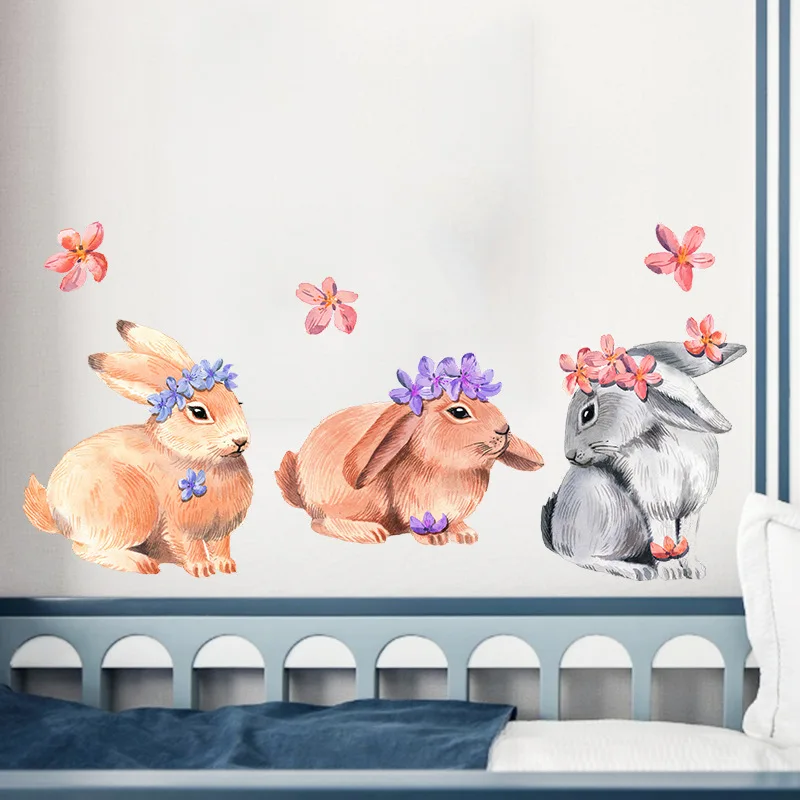 Кролики с розовым синим фиолетовым венком настенные наклейки коричневые и серые