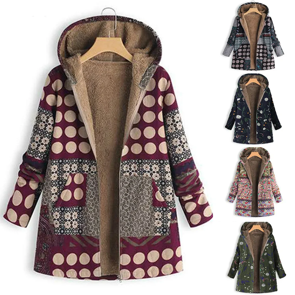 

Female Jacket Plush Coat Women's Windbreaker Winter Warm Outwear Print Hooded Pockets Vintage Oversize Coats Plus Size Parkas