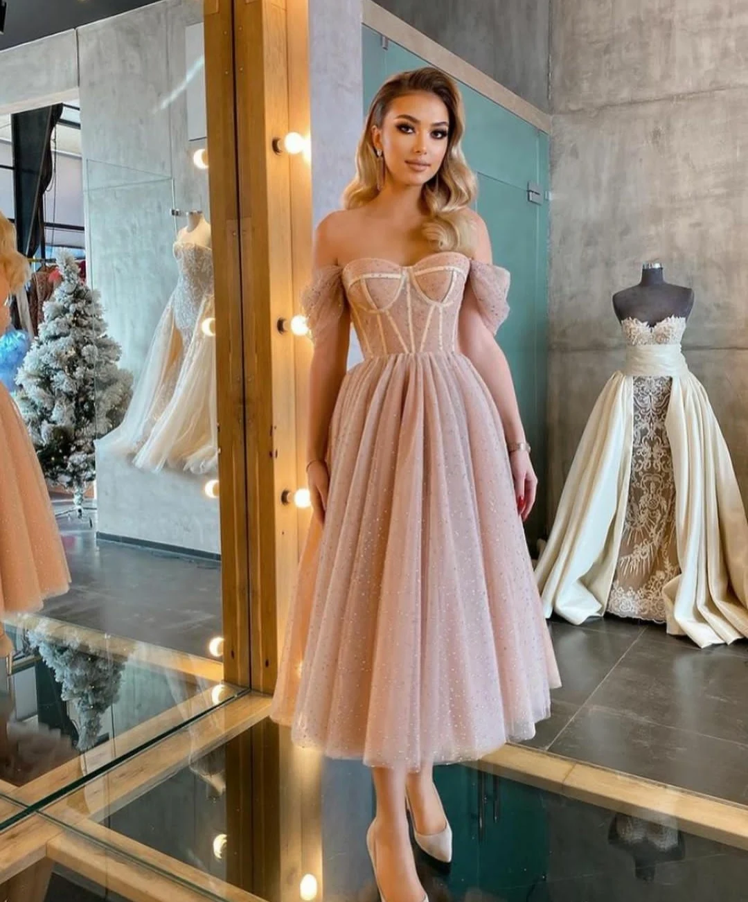 

Elegant Long Off Shoulder Tulle Evening Dresses with Glitter Tea Length Corset Back Pink Formal Party Dress for Women