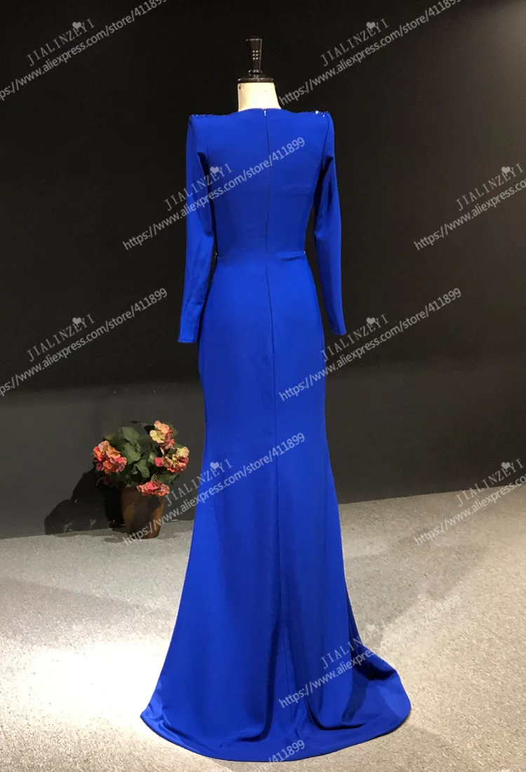 Rhine Real picture Royal Blue V Neck Long Sleeves with Beads Sexy women evening dress long formal dresses