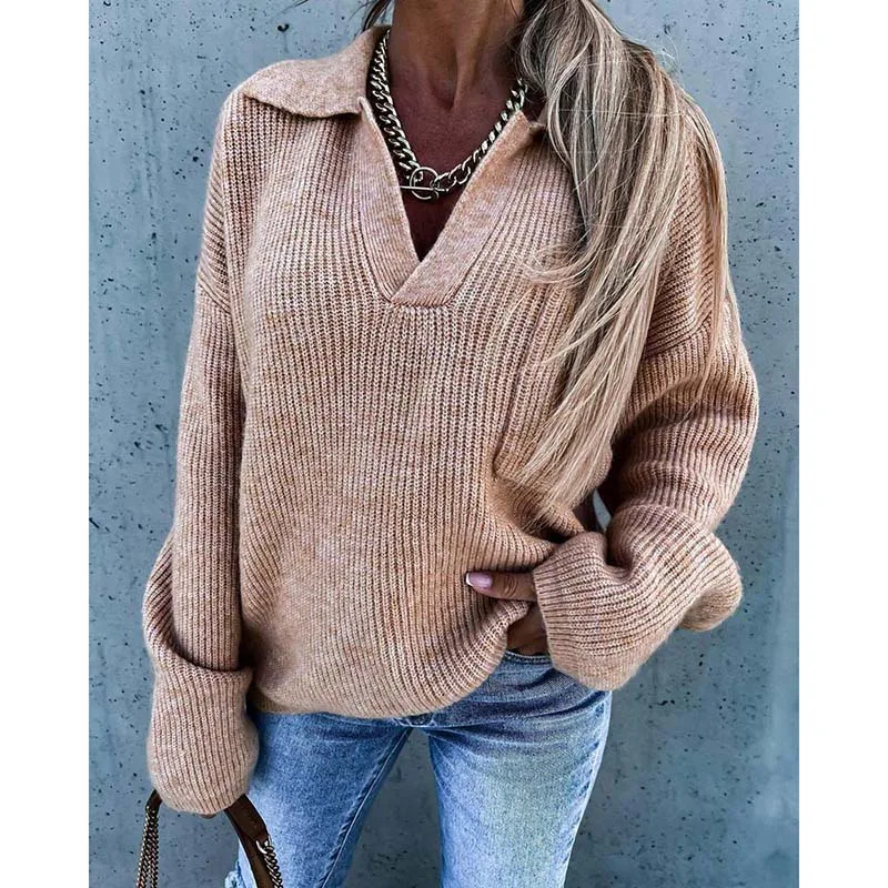 

Вязаный женский свитер, зимний женский свитер с длинным рукавом, 2021, повседневный джемпер с отложным воротником, пуловер с карманами, Одното...