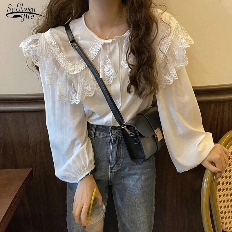 

2021 Spring Fairy Peter Pan Collar Basic Blouse Office Lady Tops Chic Lace Chiffon Puff Sleeve Casual Vintage Female Shirt 11767