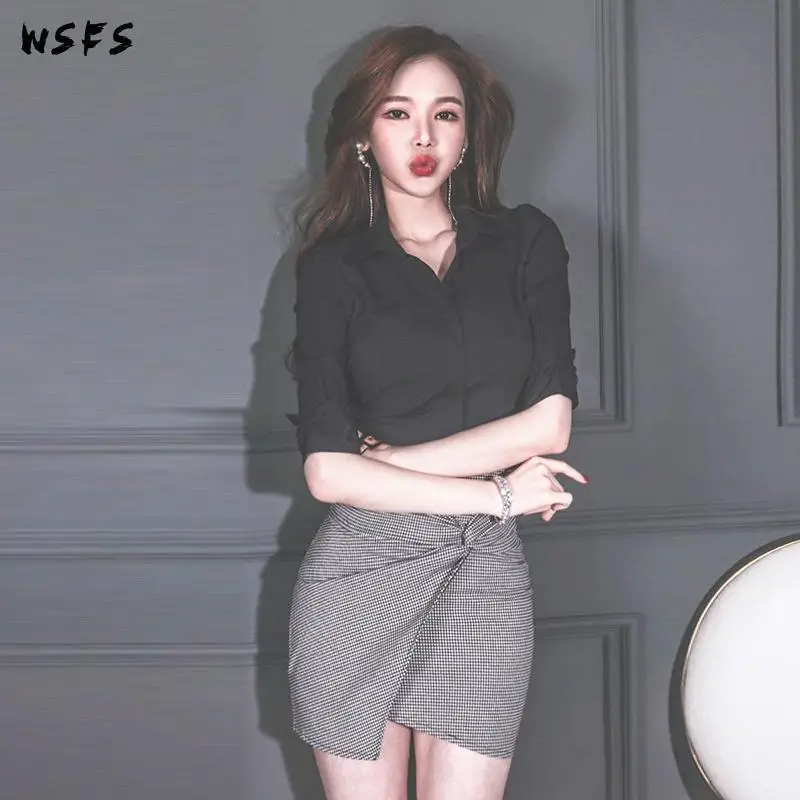 

Spring Dresses 2 Pieces Set Black Shirt Tops Elegant Grey Plaid Mini Wrap Skirts Clothes Vintage Bodycon Sexy Party Womens Dress