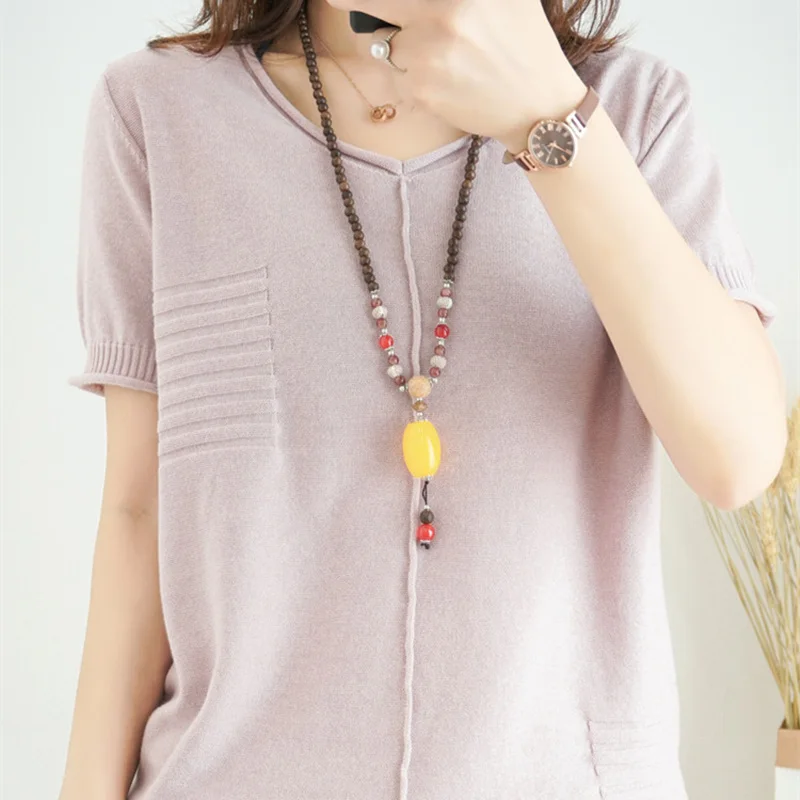 Свитер женский трикотажный с V-образным вырезом и коротким рукавом | Женская