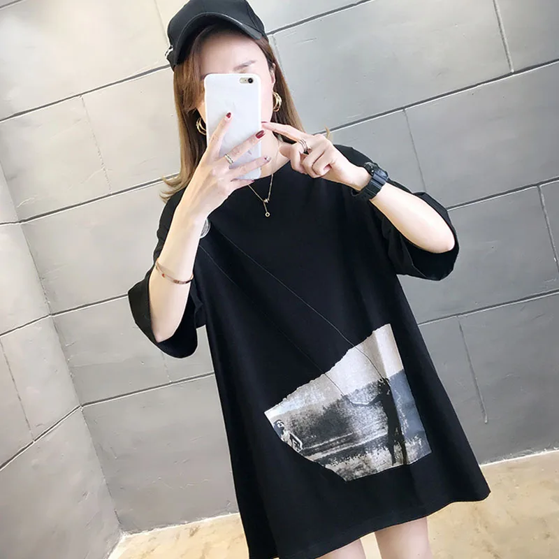 

Zaraing Comfortable Loose Mid-length Plus Size Women's Korean Style Trendy Pure Cotton Round Neck Short-sleeved Printed T-shirt