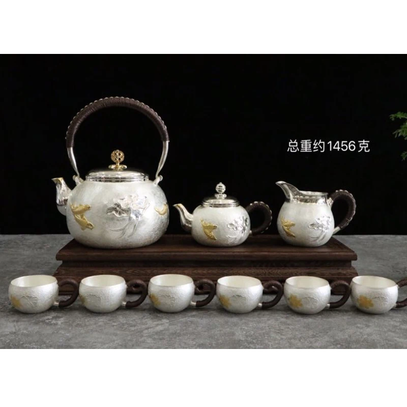 Silver pot 999 sterling silver handmade tea set Japanese retro teapot kettle home tea ceremony Kungfu tea set 1000ml
