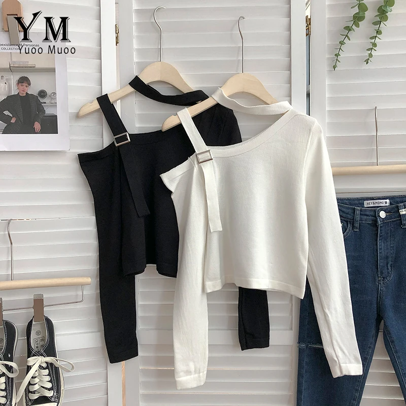 

YuooMuoo 2021 Halter Knitted Crop Sweater Sexy Spring Autumn Fashion T Shirt White Black Slim Jumper Top Female Pullover Y2K