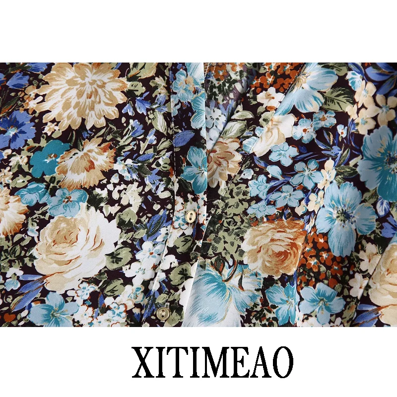 

ZA New Women Patchwork Retro Floral Print Lapel Loose A-line Long Sleeve Mini Dress Dresses Female Chic Dresses