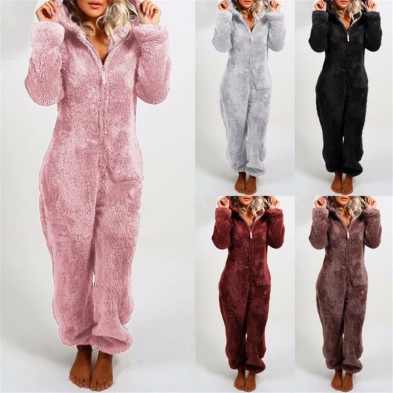 

Hirigin Autumn Winter Women Thick Plush Sleeping Romper with Cute Bear Ear Hat Long Sleeve V Neck Zipper Hooded Jumpsuit Sets