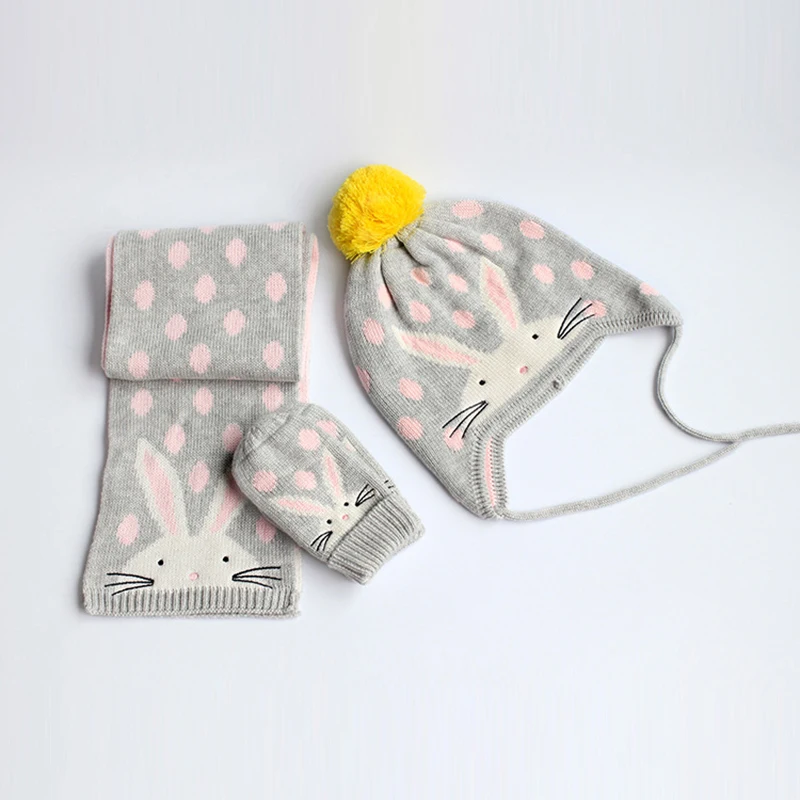 Шапка шарф перчатки набор детские зимние наушники шапка Помпон теплые из трех