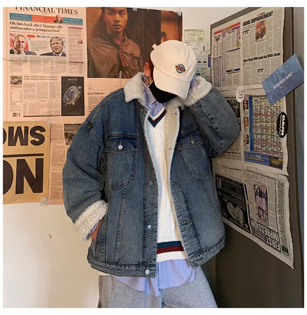 Winter Plus Velvet Thick Denim Jacket Men's Warm Parka Men Fashion Lamb Fur Coat Man Loose Cotton Denim Jacket Male Clothes