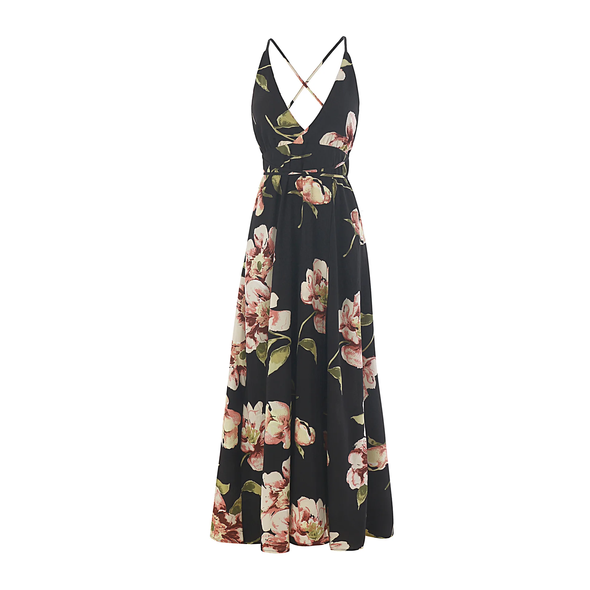 

2021 Spring Summer Women's Dress Sexy Deep V Open Back Split Plant Print Long Skirt Holiday Dress Women Printed Halter Dress