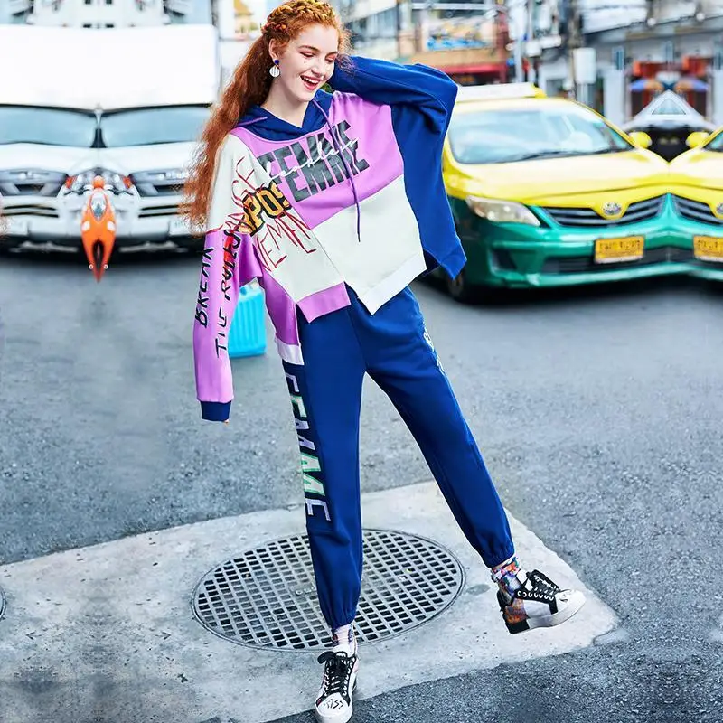 

2021 Autumn European Station Fashion Printing Suit Women's 2021 New Personality Stitching up and down Two-Piece Women's Fashion