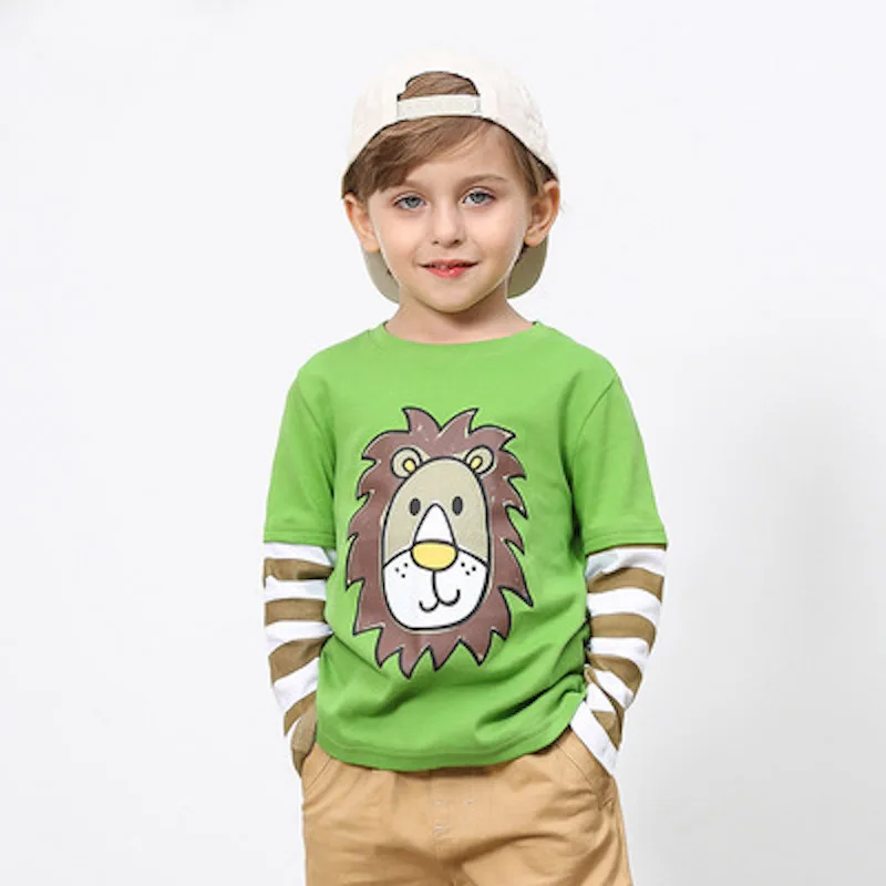 2022 Spring Autumn For 2-8 9 10 Years Children Cotton Striped Color Patchwork Cartoon Animal Baby Kids Boys Long Sleeve T-Shirts